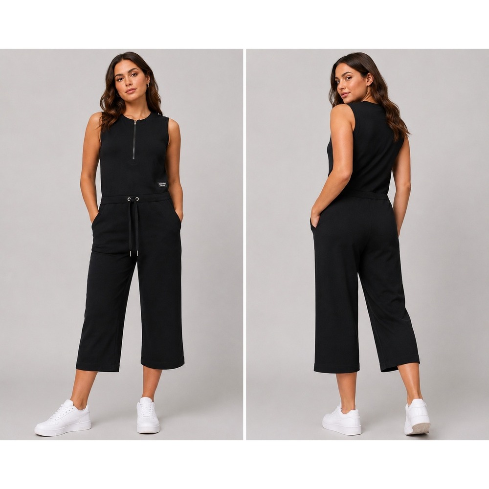Calvin Klein Performance Womens Black Sleeveless Quarter Zip Jumpsuit Large L